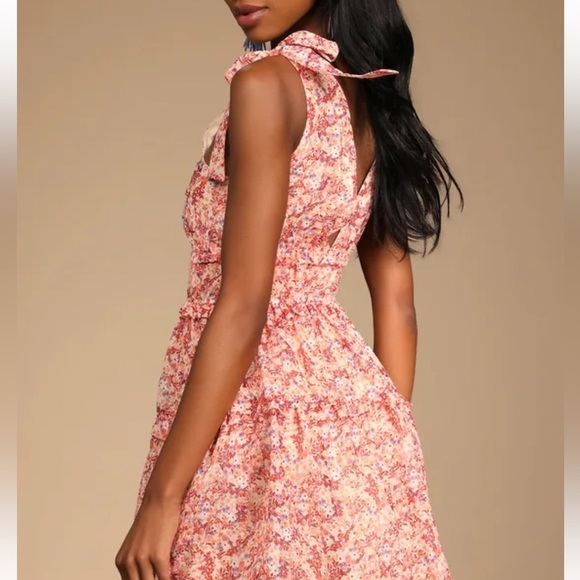 Lulu’s Afternoon Angel Orange Multi Floral Print Ruffled Mini Dress Size Large - Picture 3 of 10